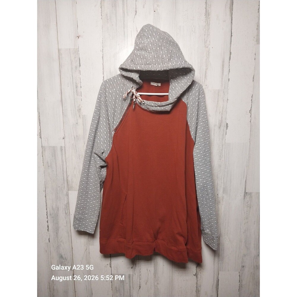 Women’s Asymmetrical Zip Color Block Rust Grey Polka Dot Hoodie 3X
